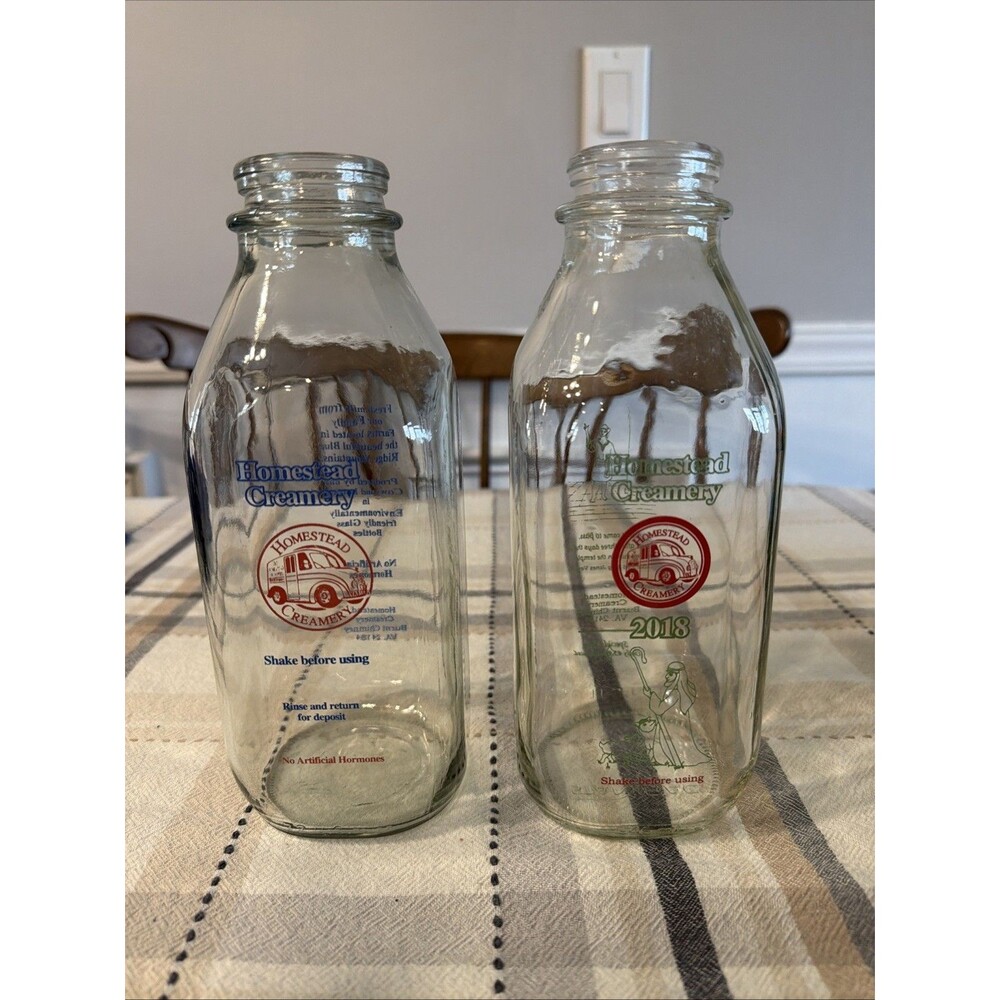 Homestead Creamery 32 Oz Glass Milk Bottle Burnt Chimney VA. 2 Bottles